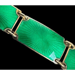 Opro Norway Sterling Silver Green Guilloche Enamel Gilt Panel Vintage Bracelet